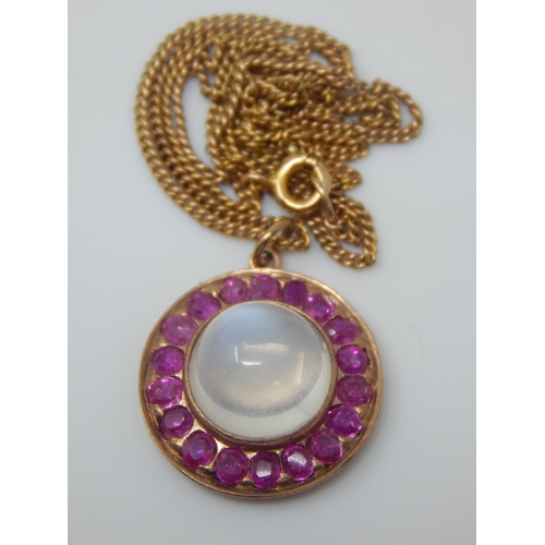 338 - Victorian 9ct Gold Ruby & Moonstone Pendant on 9ct Gold Chain: Gross weight 5.21g