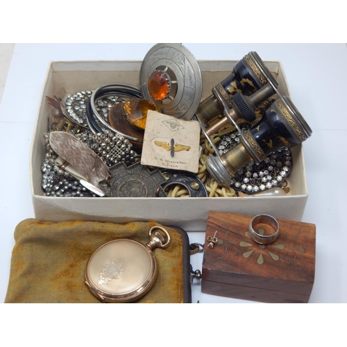A Box containing a Gentleman's Gold Plated Hunter Pocket Watch, Tortoiseshell Opera Glasses, Heavy hallmarked Silver Ring, Brooches, Badges etc
