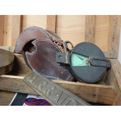 999A - A Wooden Box containing a Quantity of Militaria Including Brass A.R.P & Air Warden Plaques, Cap Gun,... 