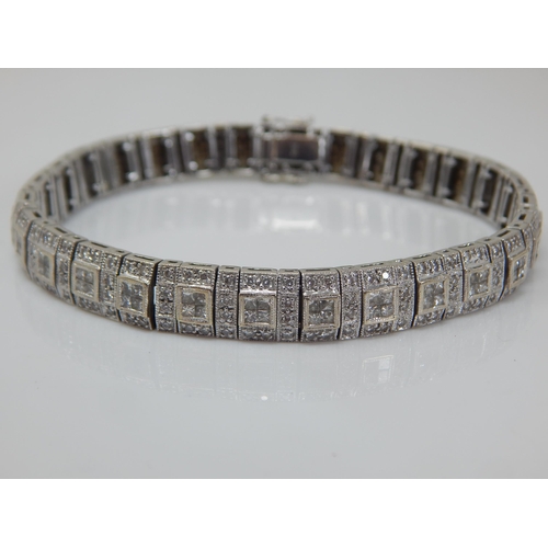 128 - Stunning 18ct White Gold Diamond Panel Link Bracelet Set with Princess Cut & Round Brilliant Cut Dia... 