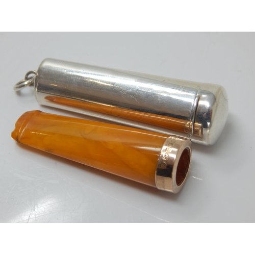 121 - Edwardian 12.5ct Gold Rimmed Amber Cigar Holder in Silver Case Hallmarked London 1902 by Henry Perki... 