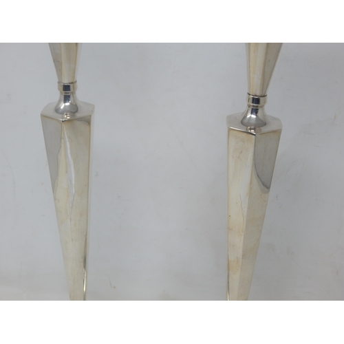 52 - Judaica: A Pair of Tall Ezada 925 Sterling Silver Hollow Candlesticks: Height 35cm: Weight 392g