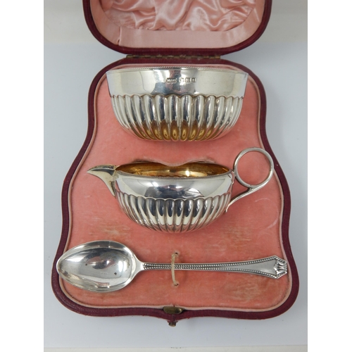 56 - Victorian Silver Strawberry Set Comprising Sugar Bowl, Cream Jug & Spoon: Hallmarked Sheffield 1899 ... 