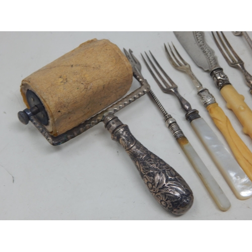 68 - A Quantity of Hallmarked Silver Including Ink Blotter Roller, Pickle Forks etc: Various Dates & Make... 