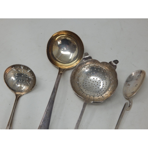 75 - Hallmarked Silver Including a 18th Century Ladle, Tea Strainer, Sifter Spoon & replica Roman Spoon: ... 