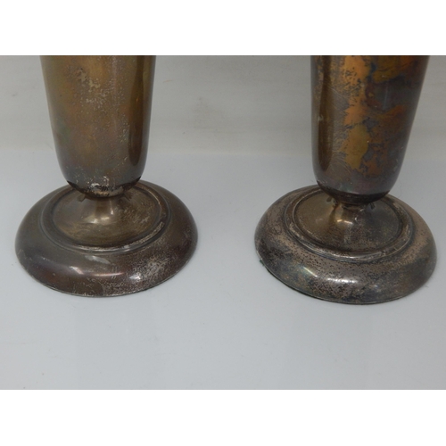 76 - A Pair of Silver Vases with weighted bases: Hallmarked Birmingham 1919 by Deakin & Francis: Height 1... 