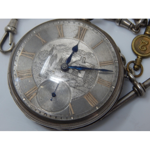 79 - Victorian Gentleman's Silver Key Wind Open Face Pocket Watch: The Silver Dial Engraved with a Villag... 