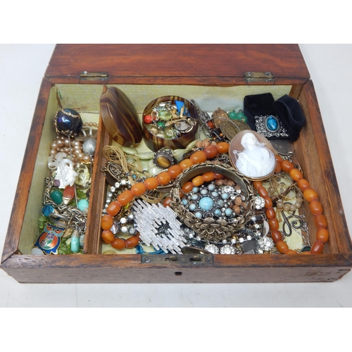 A Quantity of Antique & Vintage Costume Jewellery Including a Yellow Metal Framed Cameo, Beads, Necklaces etc contained in a brass mounted 19th century wooden case.