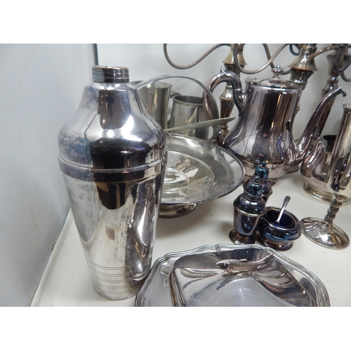 92 - A Box of Silver Plated Wares Including Candelabra, Cocktail Shaker etc (lot)