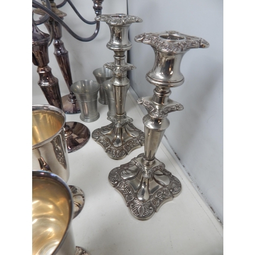 92 - A Box of Silver Plated Wares Including Candelabra, Cocktail Shaker etc (lot)