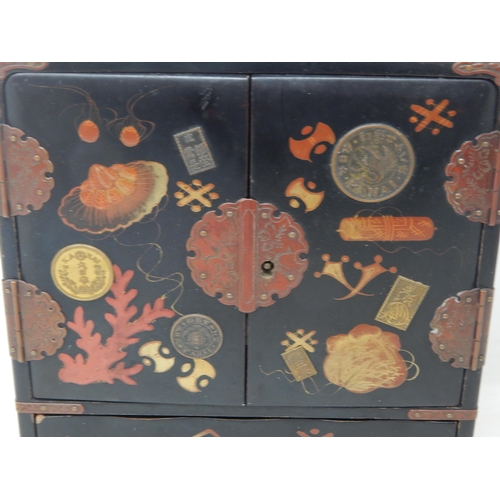 201 - Chinese Black Lacquer 5 Drawer Cabinet Inset with Coins: Height 23.5cm