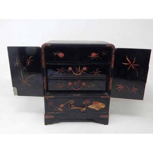 201 - Chinese Black Lacquer 5 Drawer Cabinet Inset with Coins: Height 23.5cm