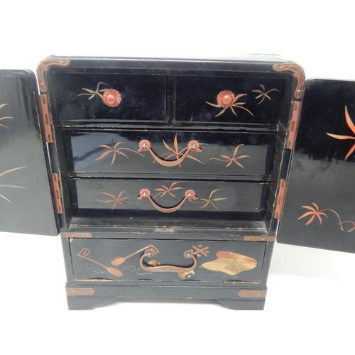 201 - Chinese Black Lacquer 5 Drawer Cabinet Inset with Coins: Height 23.5cm