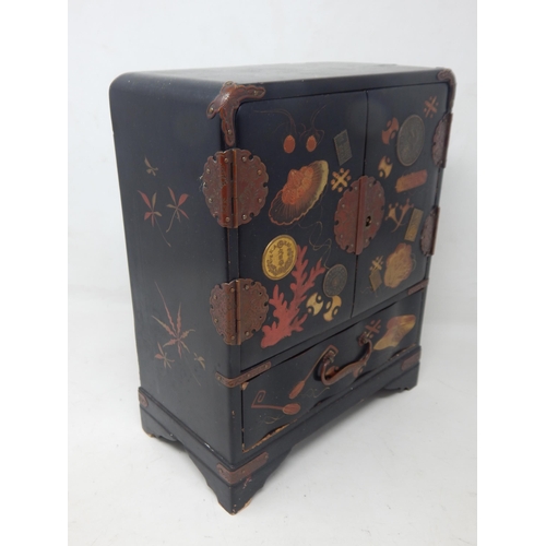 201 - Chinese Black Lacquer 5 Drawer Cabinet Inset with Coins: Height 23.5cm