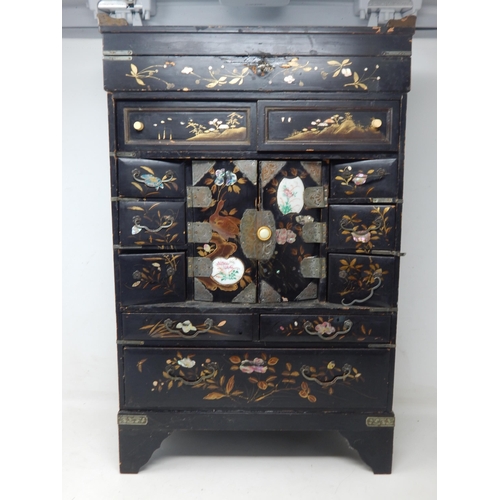 202 - Large Oriental Black Lacquer Cabinet with Numerous Drawers & Hinged Top with Key: Height 53cm