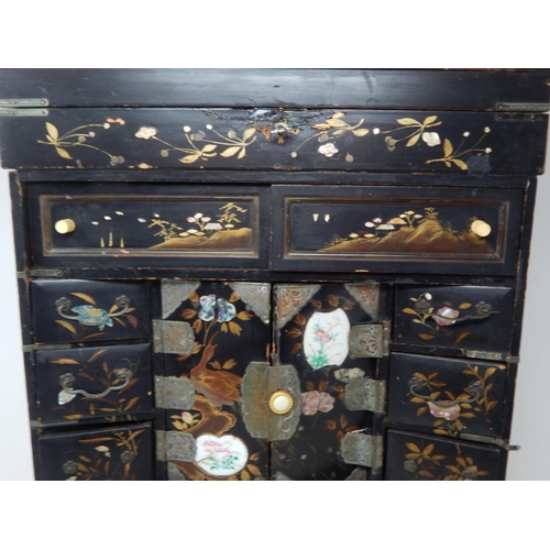 202 - Large Oriental Black Lacquer Cabinet with Numerous Drawers & Hinged Top with Key: Height 53cm