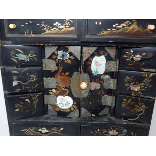 202 - Large Oriental Black Lacquer Cabinet with Numerous Drawers & Hinged Top with Key: Height 53cm