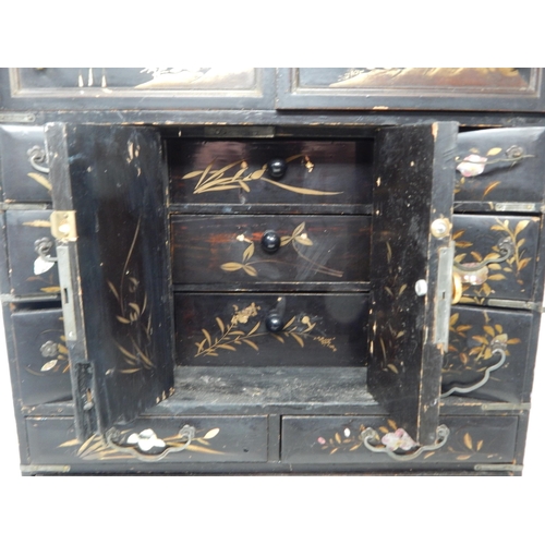 202 - Large Oriental Black Lacquer Cabinet with Numerous Drawers & Hinged Top with Key: Height 53cm