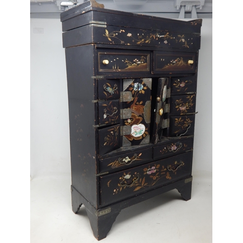 202 - Large Oriental Black Lacquer Cabinet with Numerous Drawers & Hinged Top with Key: Height 53cm