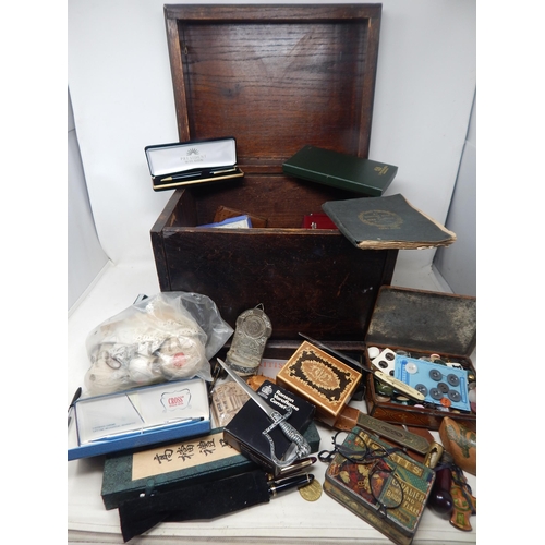 204 - A Quantity of Items Including Desk Seal, Pens, Opera Glasses, Coins, Tins, Sewing Items etc (lot). C... 