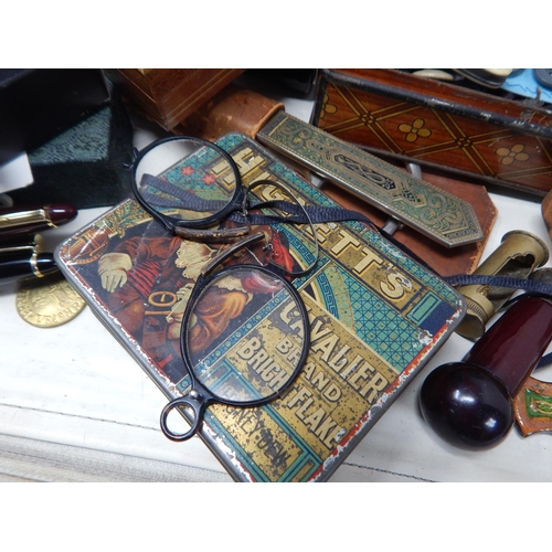 204 - A Quantity of Items Including Desk Seal, Pens, Opera Glasses, Coins, Tins, Sewing Items etc (lot). C... 