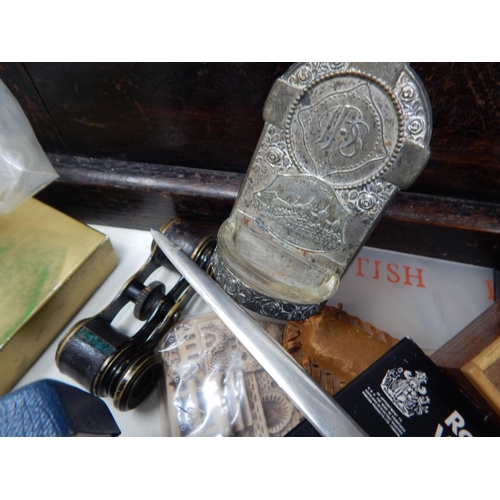 204 - A Quantity of Items Including Desk Seal, Pens, Opera Glasses, Coins, Tins, Sewing Items etc (lot). C... 