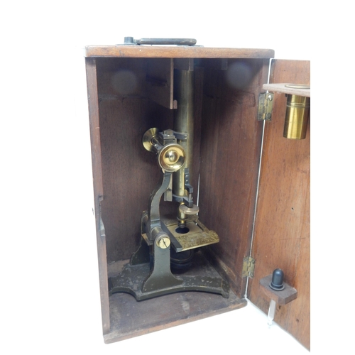 226 - Edwardian Brass Student Microscope with a single detachable eyepiece with a large range of magnifica... 