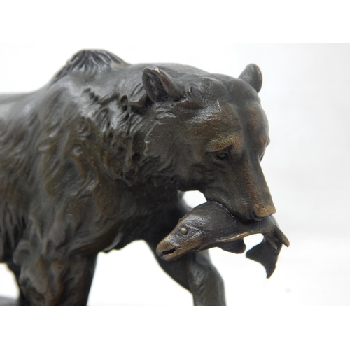 227 - Bronze Figure of a Bear Holding a Fish in its Mouth on Plinth: Signed 