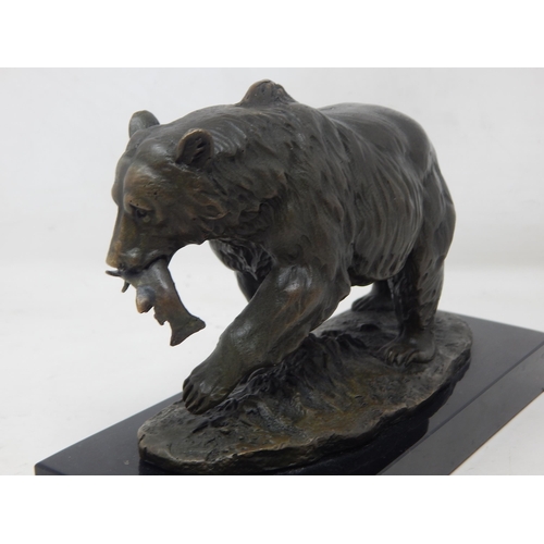 227 - Bronze Figure of a Bear Holding a Fish in its Mouth on Plinth: Signed 