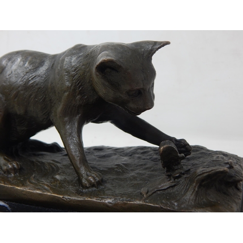 231 - Bronze Figure of a Cat & Butterfly on Plinth: Signed 