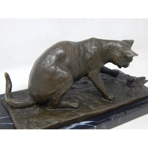 231 - Bronze Figure of a Cat & Butterfly on Plinth: Signed 