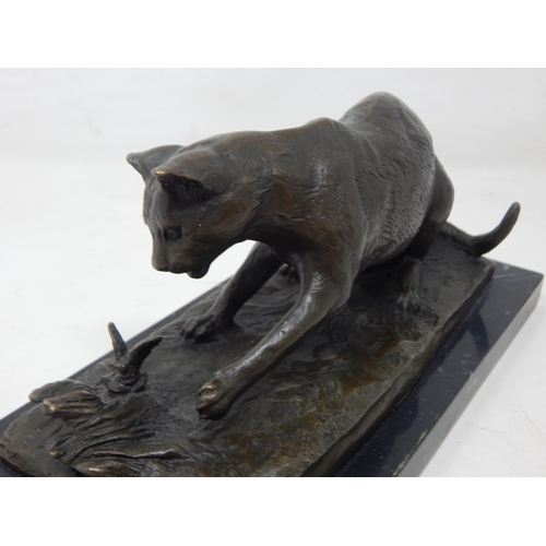 231 - Bronze Figure of a Cat & Butterfly on Plinth: Signed 