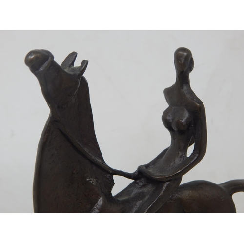 233 - Abstract Bronze Figure of a Horse with Female Rider on Plinth: Height 26.5cm