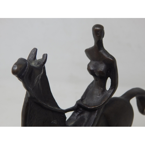 233 - Abstract Bronze Figure of a Horse with Female Rider on Plinth: Height 26.5cm