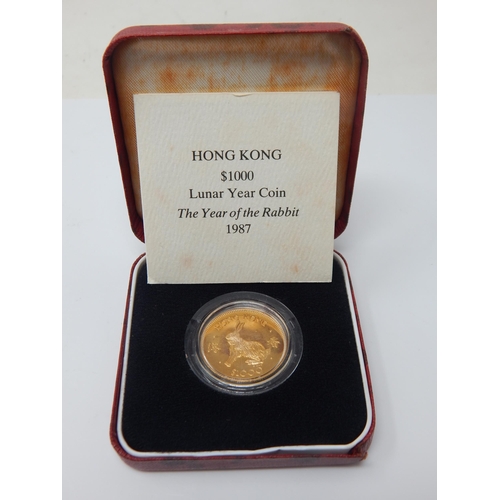 10 - Royal Mint 22ct Gold Hong Kong Lunar Year of The Rabbit Coin 1987 in case of issue with COA: Weight ... 