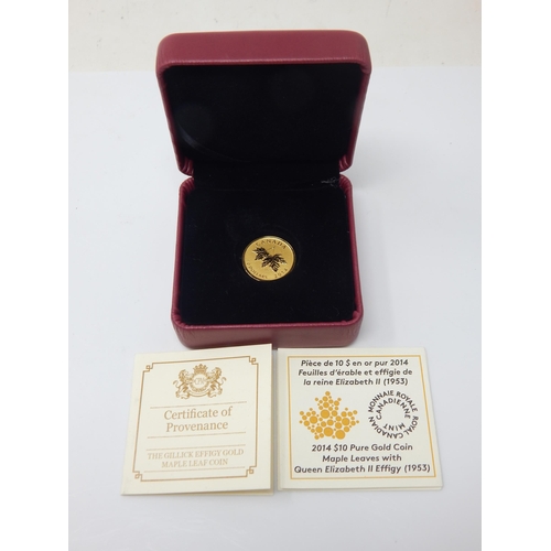 21 - 2014 Canadian 24ct Gold 10 Dollar Maple Leaf in Case of Issue with COA: Weight 7.79g