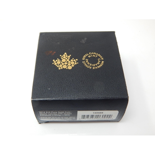 21 - 2014 Canadian 24ct Gold 10 Dollar Maple Leaf in Case of Issue with COA: Weight 7.79g