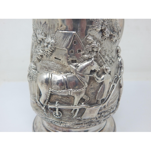 96 - 18th Century Silver Tankard Embossed in relief with a Farming Scene Depicting a Horse & Farmer with ... 