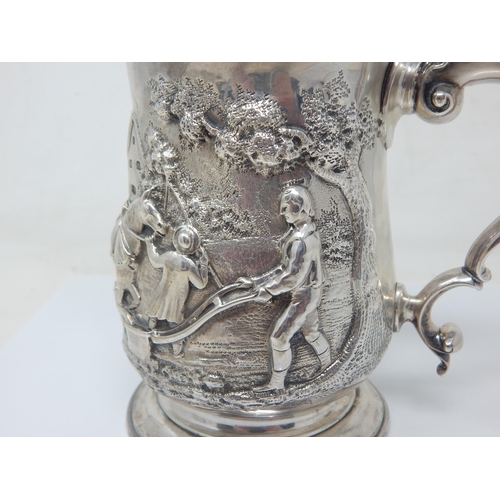 96 - 18th Century Silver Tankard Embossed in relief with a Farming Scene Depicting a Horse & Farmer with ... 