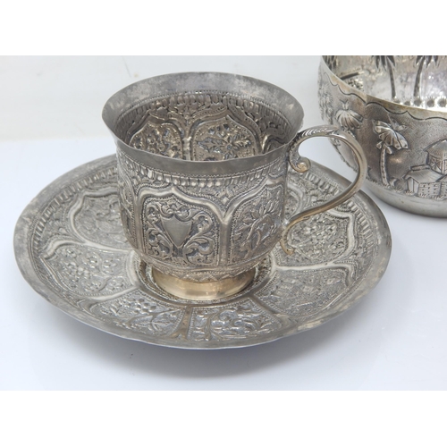 99 - Indian Silver Cup & Saucer together with a Bowl: Weight 304g