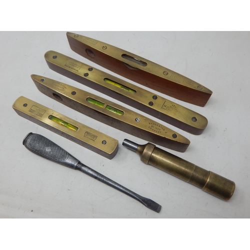 265 - 4 x Vintage Brass & Wooden Levels by various makers etc