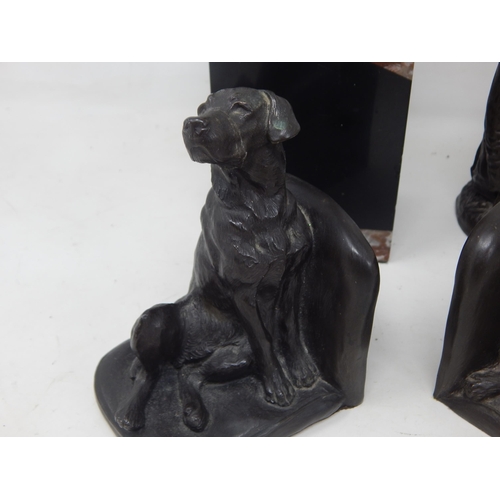 266 - A Pair of Dog Bookends together with figures of a man with dog and a naked lady on marble plinth.