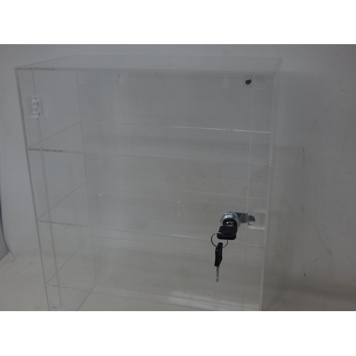 267 - Clear Perspex Display Cabinet with Shelves & Keys: Measuring 40cm high x 30cm wide x 15cm deep