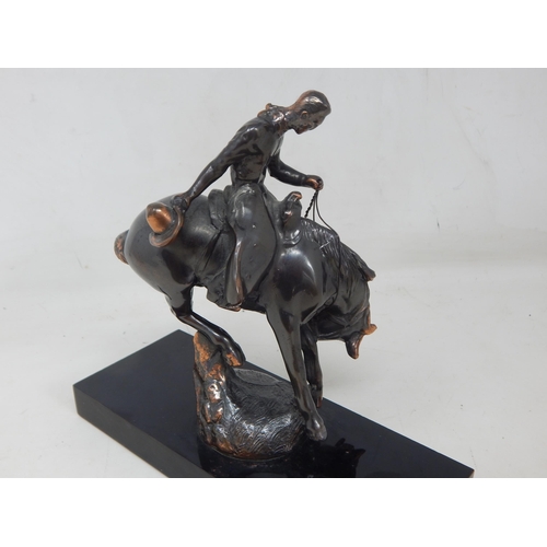 233A - Bronze Figure of a Cowboy on Bucking Rodeo Horse on Plinth: Height 18cm