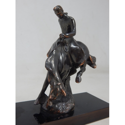 233A - Bronze Figure of a Cowboy on Bucking Rodeo Horse on Plinth: Height 18cm