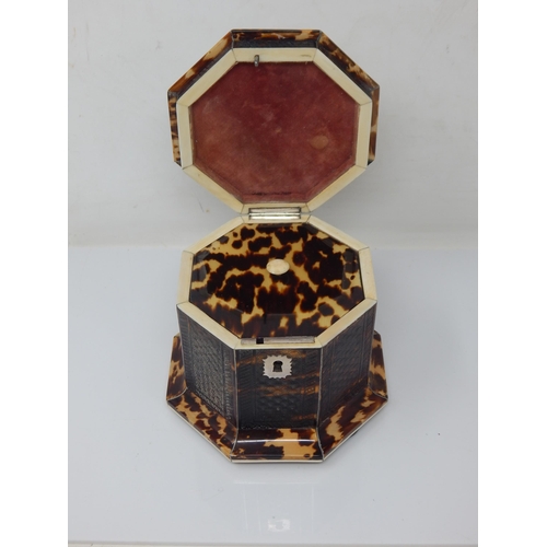 271 - George III Regency Octagonal Tortoiseshell Tea Caddy with Pressed Panel Decoration, Silver Stringing... 