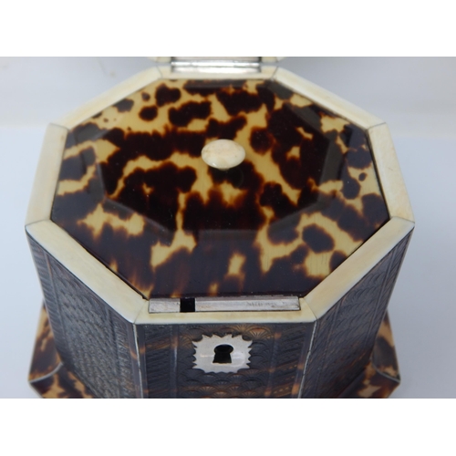 271 - George III Regency Octagonal Tortoiseshell Tea Caddy with Pressed Panel Decoration, Silver Stringing... 