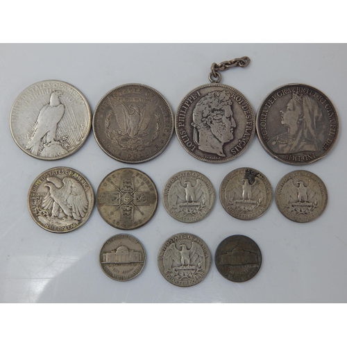 49 - A Quantity of Silver Coinage Including a QV Crown 1896, 1882 Dollar, 1923 Peace Dollar, 1840 5 Franc... 