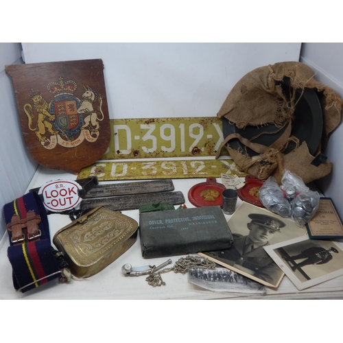 333 - A Quantity of Militaria Including Helmet, Cast Iron Signs, Bosuns Whistle etc