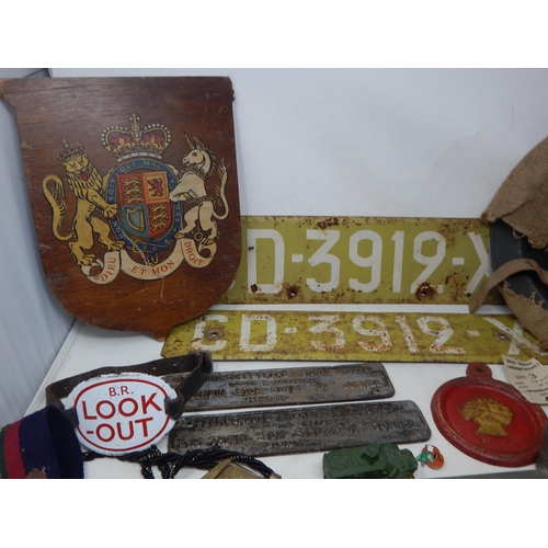 333 - A Quantity of Militaria Including Helmet, Cast Iron Signs, Bosuns Whistle etc